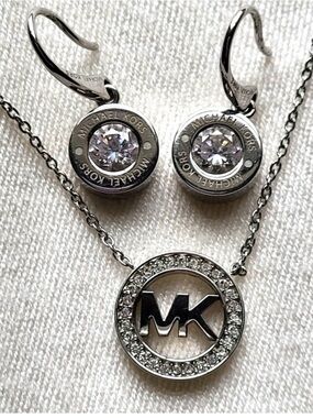 Michael Kors Silver MK Crystal Pendant Necklace and Earrings Set